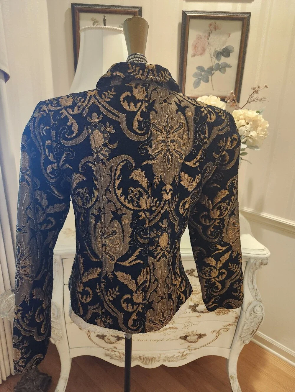 Vintage Y2K Gold & Black Brocade Pattern Lush Classy Glamour Jacket PS - Picture 7 of 8